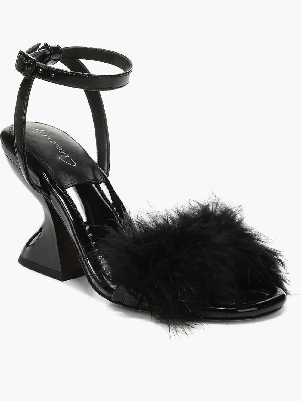 Circus by Sam Edelman Black Patent Feather Trim Ankle-Strap Sandal